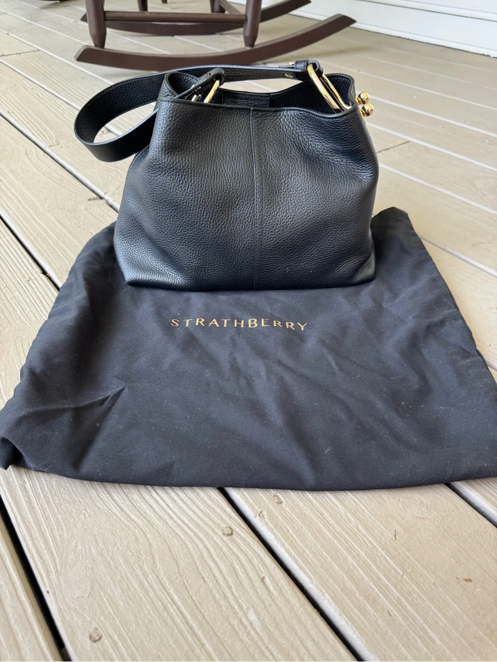 Strathberry Black Pebbled Leather Shoulder Hobo with Gold Hardware